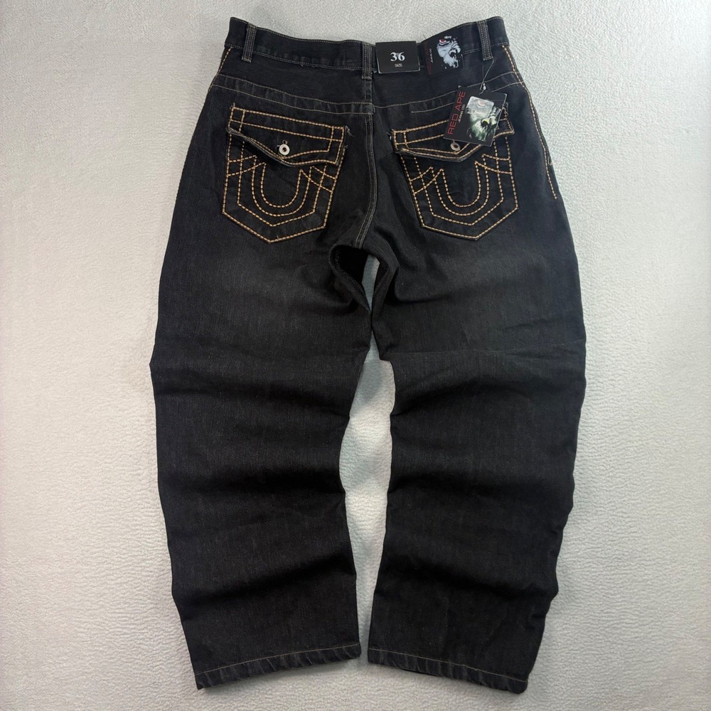Y2K Red Ape Baggy Jeans Men 36x32 Black Embroidered Loose Straight Relaxed NWT